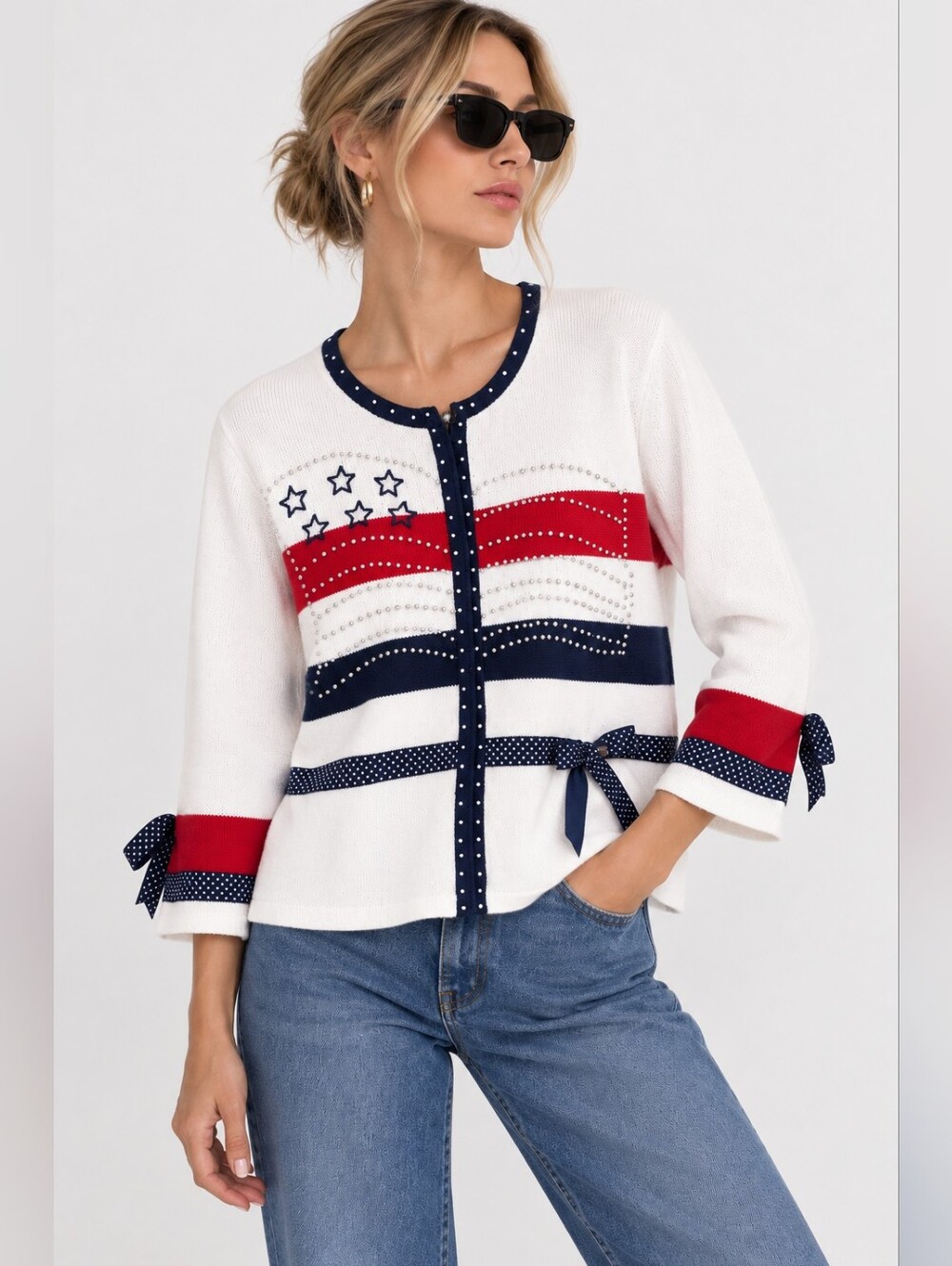 Storybook Knits Cardigan Women's 1X American Celebration‎ Beaded Sweater Vintage